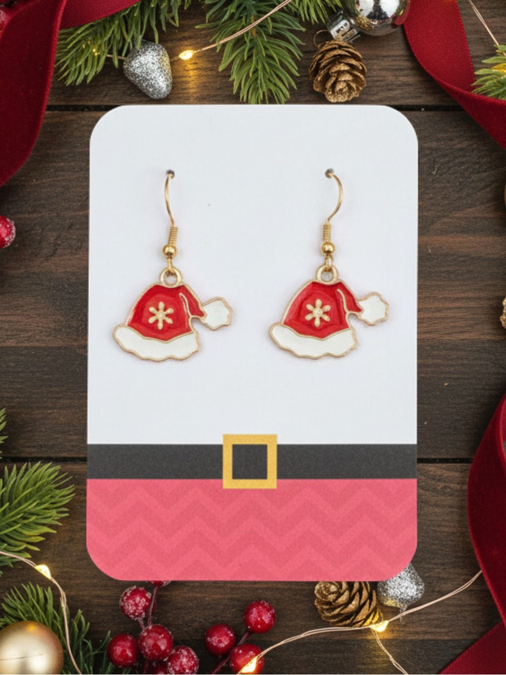 New Handmade “Santa’s Hat” Dangle Earrings (1.4” long x 0.8” wide) (Version 6)
